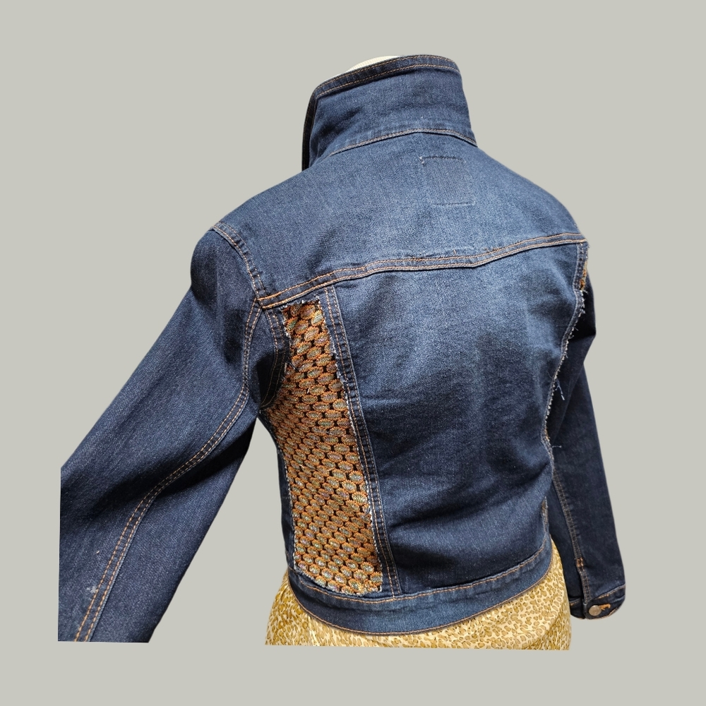 Denim Jacket With Gold Patterned Panels - image 3